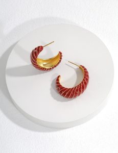 Red Chinese Style Crescent Moon Earrings for Women,S925 Sterling Silver Vintage Drop Earrings