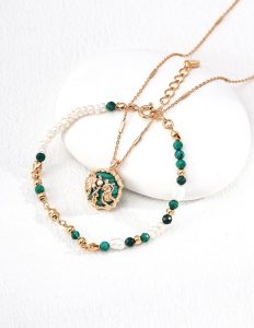 S925 Sterling Silver Vintage Green Gemstone Jewelry Set