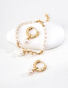 S925 Sterling Silver Pearl Bracelet and Earrings Jewelry Set