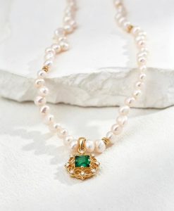 S925 Sterling Silver Baroque Pearl Green Gemstone Necklace