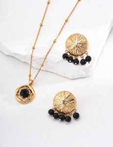 S925 Sterling Silver Vintage Gold Necklace and Earrings Jewelry Set