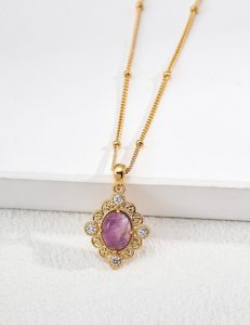 S925 Sterling Silver Vintage Oval Purple Gemstone Necklace